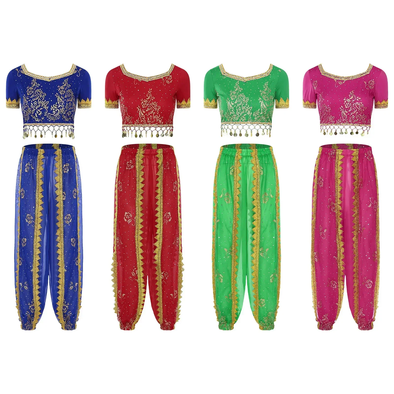 ชุดเต้นระบำหน้าท้องสำหรับผู้หญิง แขนสั้น ประดับพู่ ครอปท็อป กางเกงบาน 2 ชิ้น ชุดเต้นระบำแบบตะวันออก ชุดเต้นระบำหน้าท้องมืออาชีพ