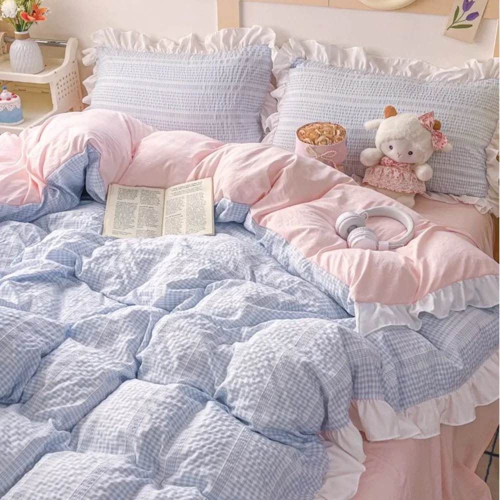 

Ins Princess Style Bedding Sets Ruffle Blue Pink Girls Quilt Cover Romantic Bed Sheet Set Duvet Cover With Pillowcases 4pcs