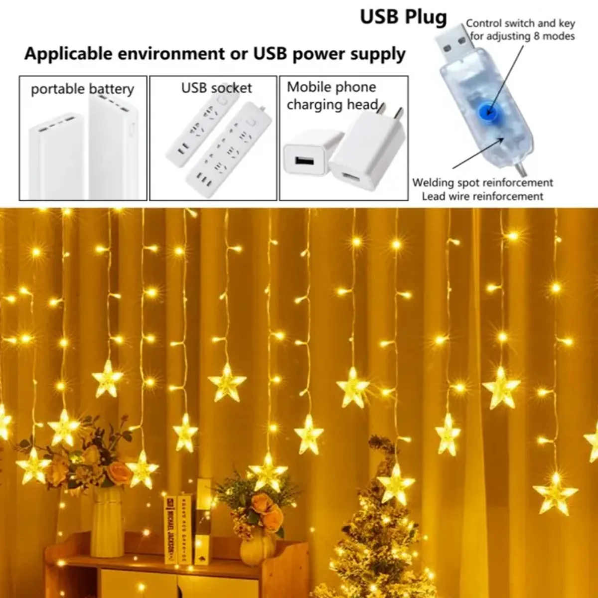 USB Star Curtain Light, 4MX0.6/0.5/0.4M Wave Pentagram Star Light Multi-function Remote Control Curtain String Fairy Tale Light