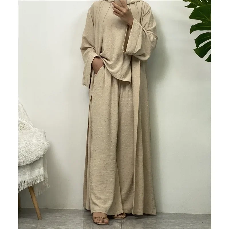 UNI Muslim Open Abaya Set Casual Loose Islam Malaysia Indonesian Arab Sleeveless Tops & Pants with Cardigan Abaya 3 Piece Set