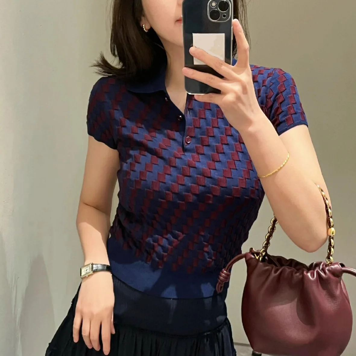 

Checkered Color Blocking Knitted POLO Shirt Flip Collar Short Sleeved Knitted Top Summer Sweater Women's Slim Fit Designer Tee