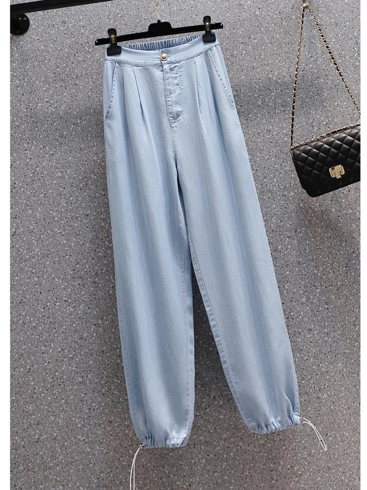 

XL-5XL Oversize Blue Thin Denim Jeans Women Summer Casual Straight Loose Korean Style High Waist Large Size Ankle-length Pants