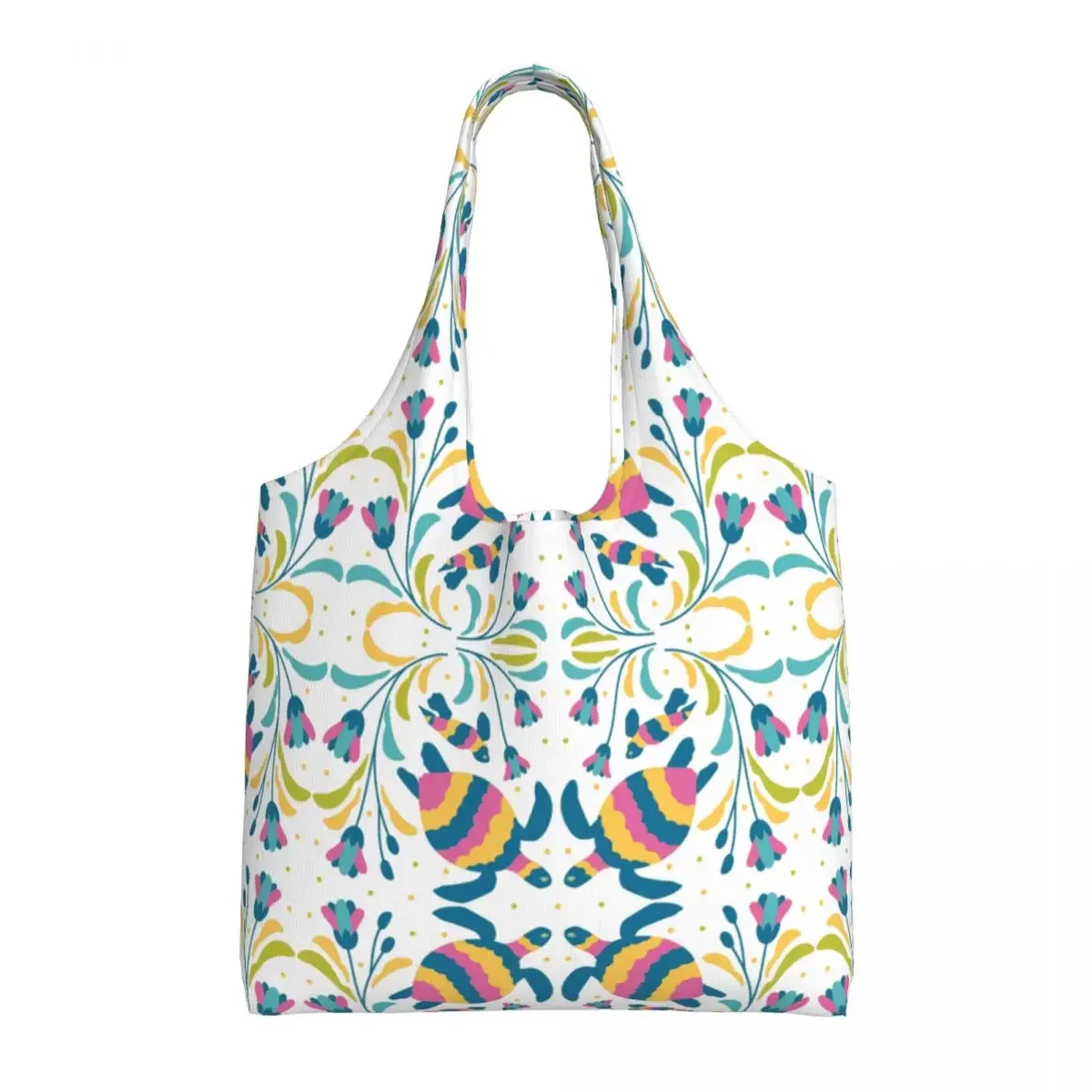 Custom Mexican Otomi Turtle Embroidery Shopping Bag Women Shoulder Canvas Tote Bag Durable Floral Animal Grocery Shopper Bags