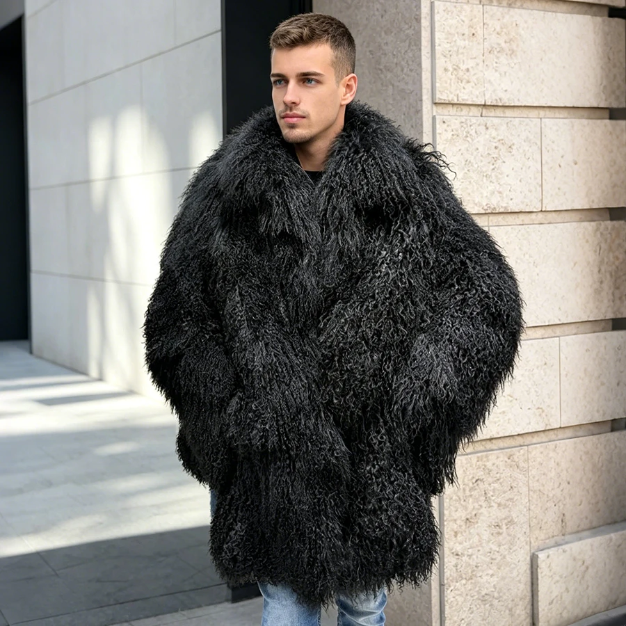 Men's Real Lamb Fur Coats With Collar Mid-Length Black Mongolian Fur Coat Furry Jacket Hot Selling Natural Sheepskin Jacket