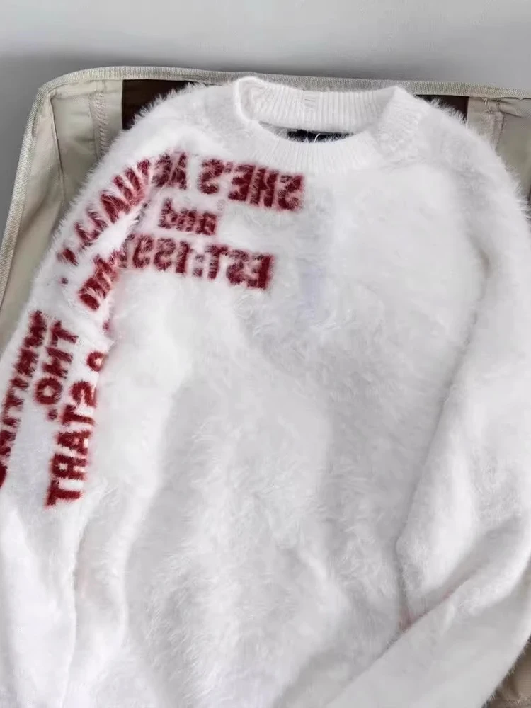 الأمريكية Sle محبوك المنك طوق جولة Ne سترة الرجال الخريف العصرية العلامة التجارية الإبداعية المطرزة رسالة فضفاضة زوجين متماسكة... #2