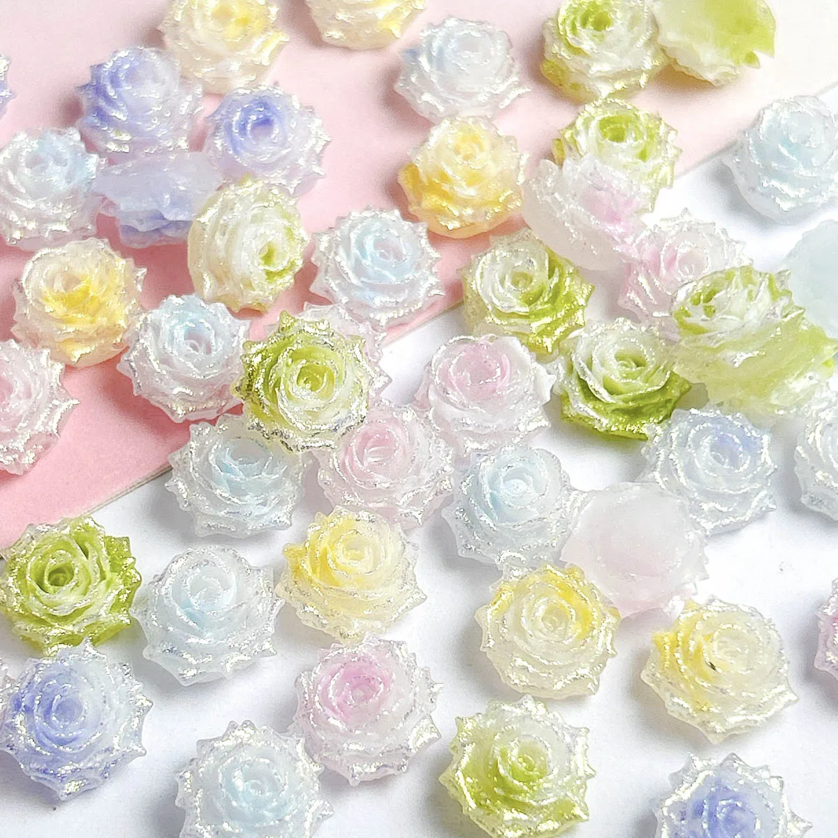 

3D Luminous Double Colors Resin Rose Nail Art Decorations Dreamy Sweet Glitter Blossoms Nail Charms for DIY Fairy Nails Designs