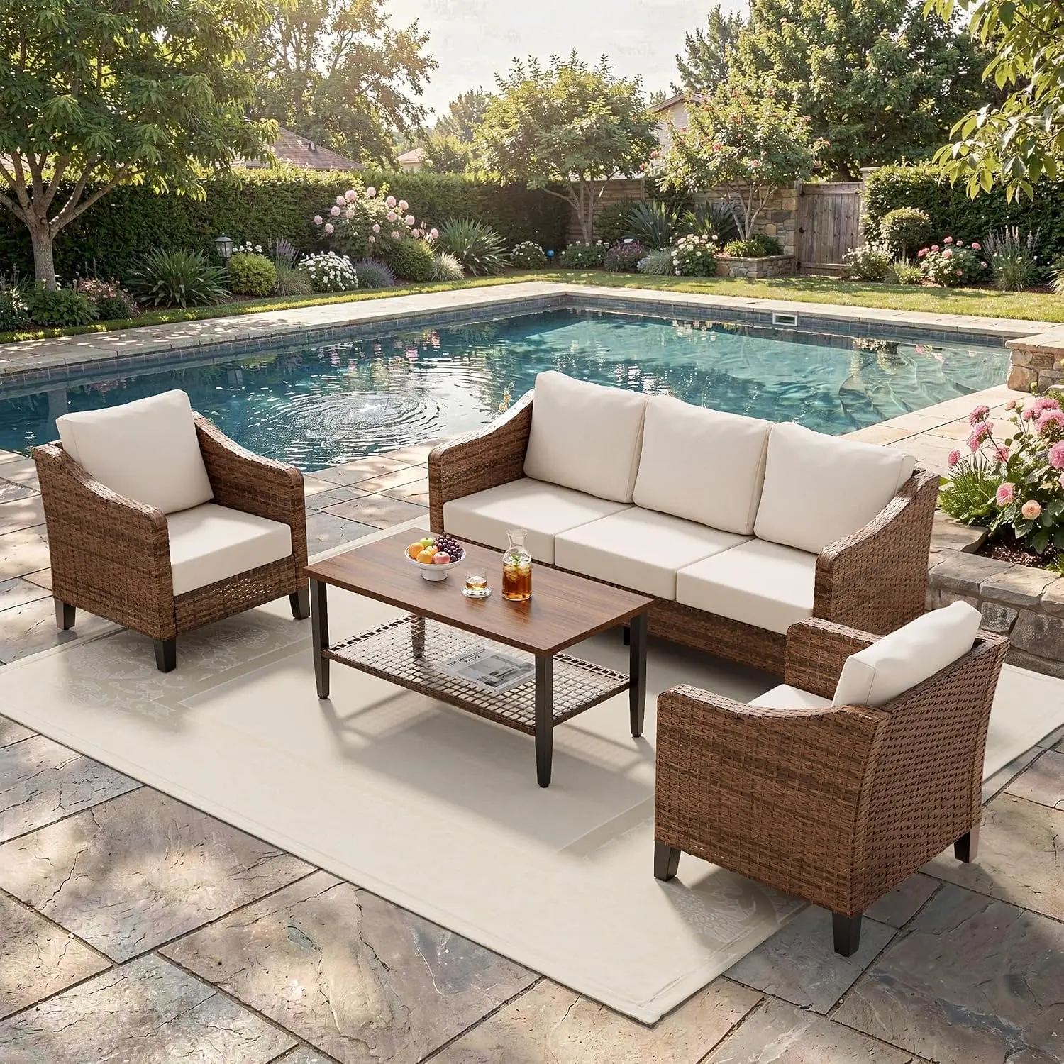 4-Piece Patio Sectional Sofa Set, Modular Wicker Furniture with 2-Tier Coffee Table for Backyard & Garden, Customized