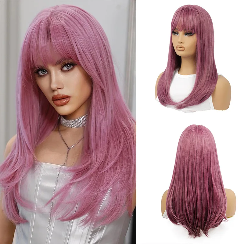 

Wig fashion thin rattan powder women Qi bangs 20inch long straight hair chemical fiber full headgear