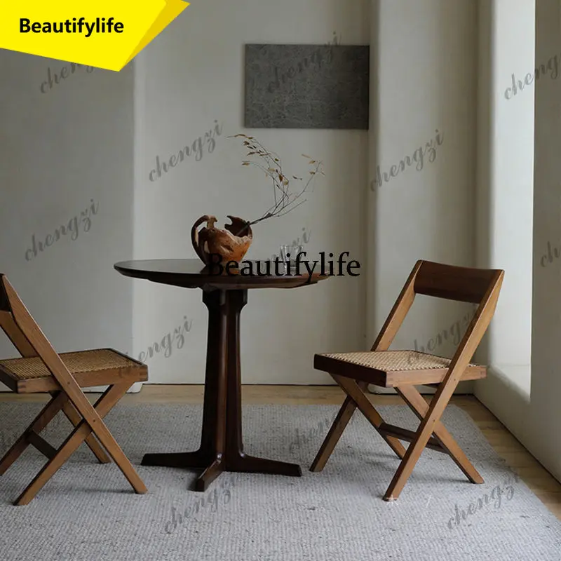 A17 Library, Solid Wood Handmade Rattan Medieval Dining Chair Backrest Book Desk Chair Wabi Sansan Folding Chair