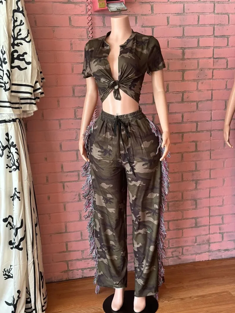 Colorful Tassel Camouflage Print Casual 2 Piece Set Women Short Sleeve Lace Up T-shirts Crop Top + Wide Leg Pants Fashion Suits