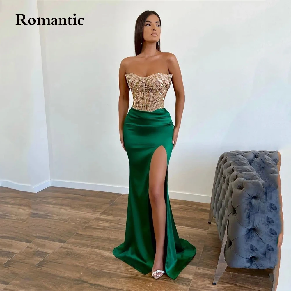 

Romantic Green Stin Silk Evening Dress Sweetheart With Glitter Sexy Side Slit Saudi Arabia Long Prom Gowns Vestido de festa 2022