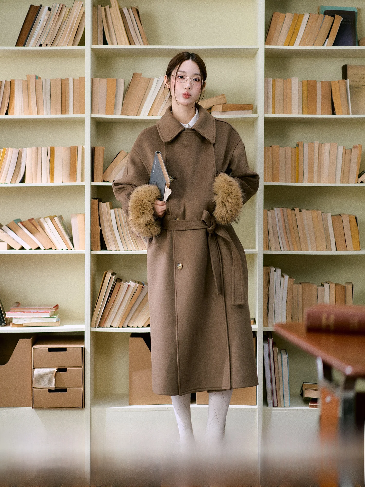 

LaluneDuCiel Wool Blend Fur Coat Women's Ele lectual Medium Length Coat Button Detail Straight Cut Commute Sle