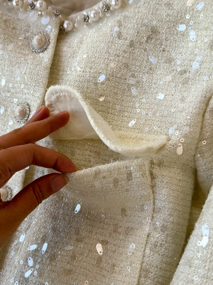 Koreański styl szykowny okrągły dekolt paznokci koralik frędzle krótka kurtka + wysoka talia gruba tweedowa owinięta spódnica biodrowa zestaw damski temperament