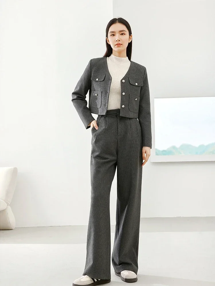 Vimly Simpe Sets for Women 2 Pieces V-neck Thick Cropped Jacket Wide Leg Pant Autumn Office Ladies Elegant Matching Sets M5726