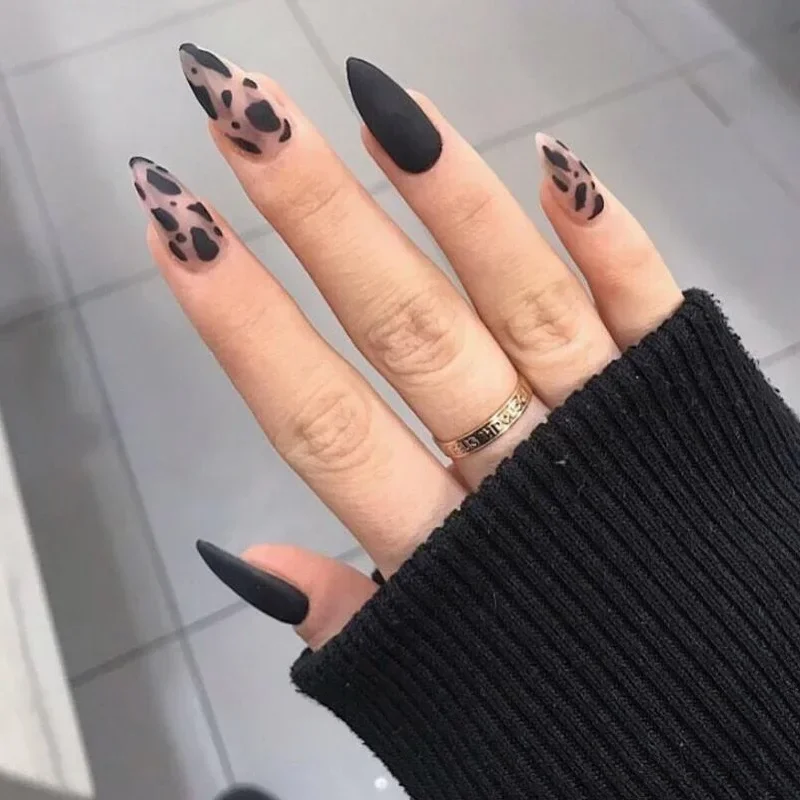 

24Pcs/Set Black Leopard Almond Wear Fake Nails Matte Acrylic Press on Nail Tips Artificial Full Cover Coffin Stick on Nails Art