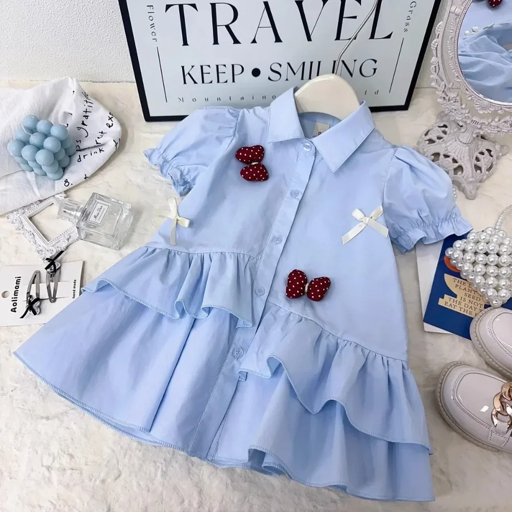 

Korean Version of Fashionable Girls' Clothes with A Lapel Bubble Sleeves Single Breasted Princess Dress Bow and Lace Decoration