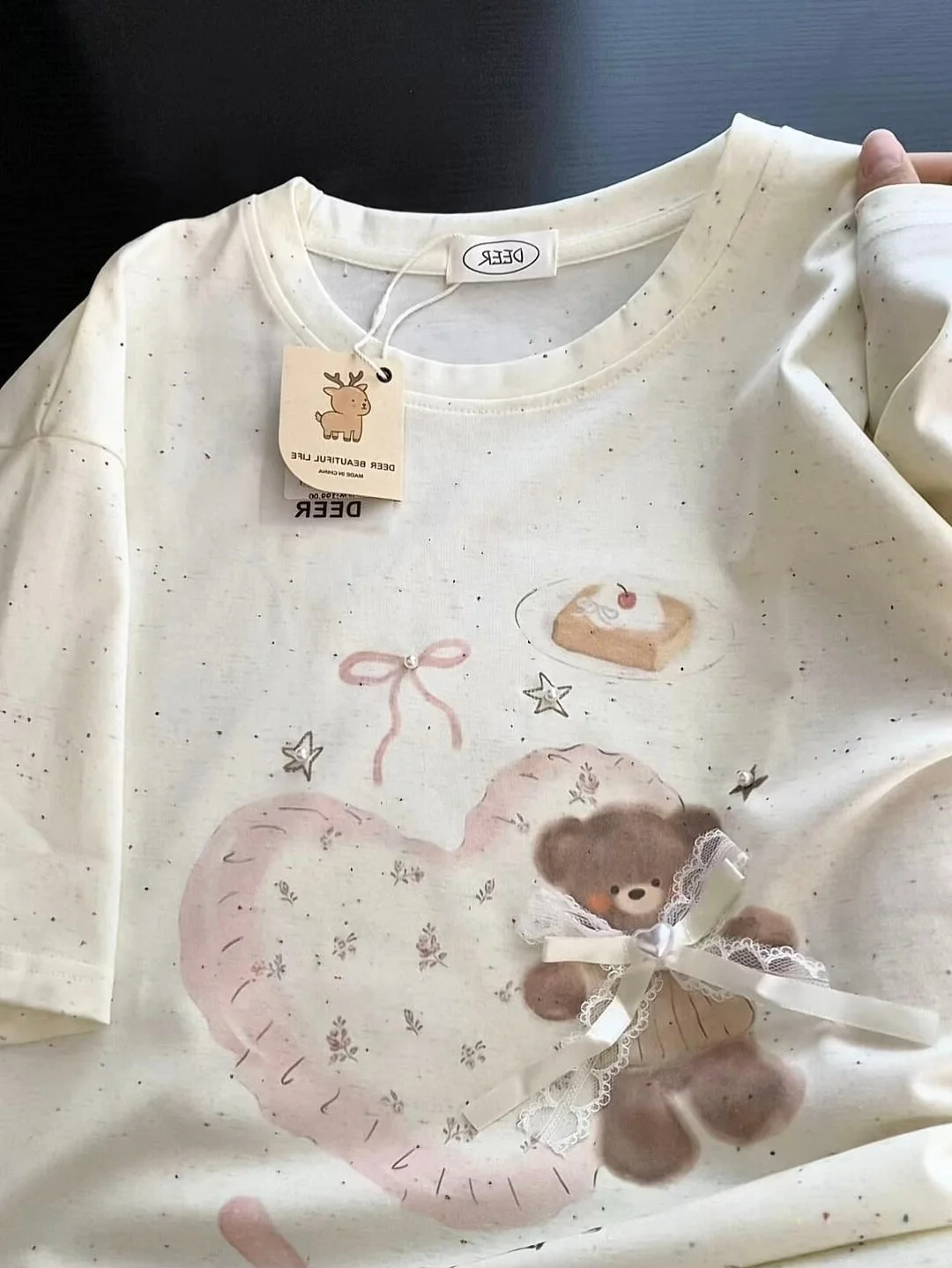 

Cute Cartoon Bear Heart Print Short Sleeve T-Shirt Women's Loose Fit Pure Cotton Summer Top Age-Defying Versatile Light Yellow