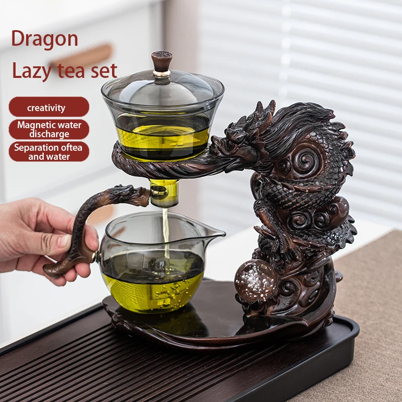 1 Set of Lazy Tea Set - Automatic Magnetic Water Spout Glass Teapot, Tea Cup, Tea Can, Tea Tray Chinese Kung Fu Tea Set