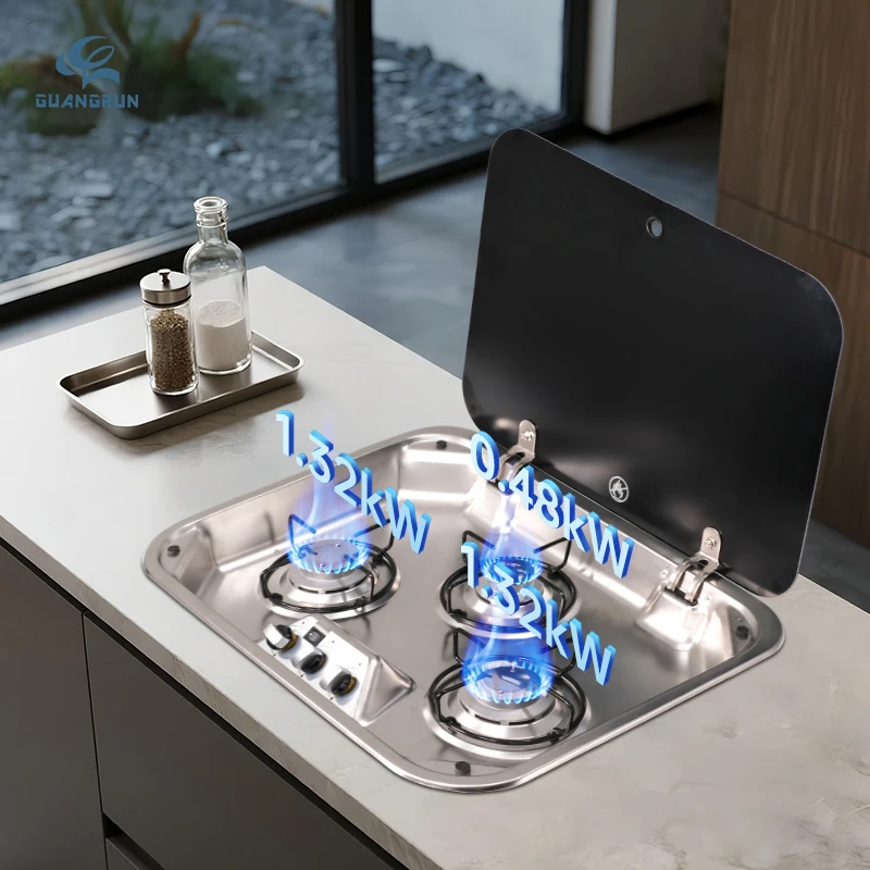 

Caravan Kitchen Stainless Steel 2 Burner Gas Stove Glass Cover Piezoelectric Ignition CE Certified Modern RV Motorhomes Travelst