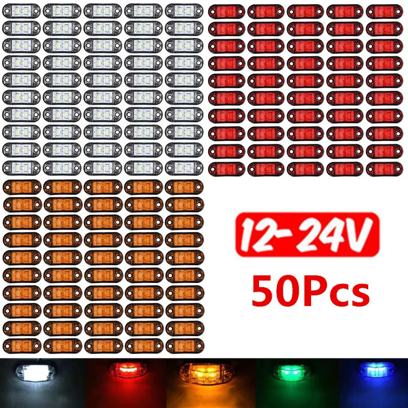 50PCS Waterproof 12V 24V 2 LED Car External Side Marker Warning Lights Oval Clearance Signal Trailer Truck Lamps Truck Lorry