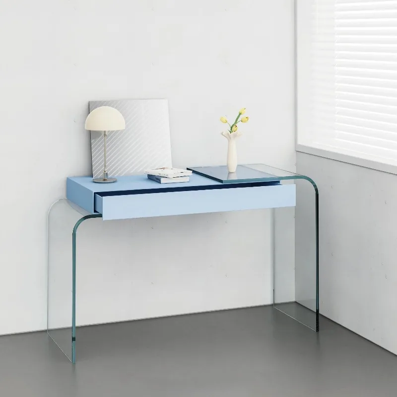 

Modern light luxury glass dresser with drawer mirror premium French art blue makeup table