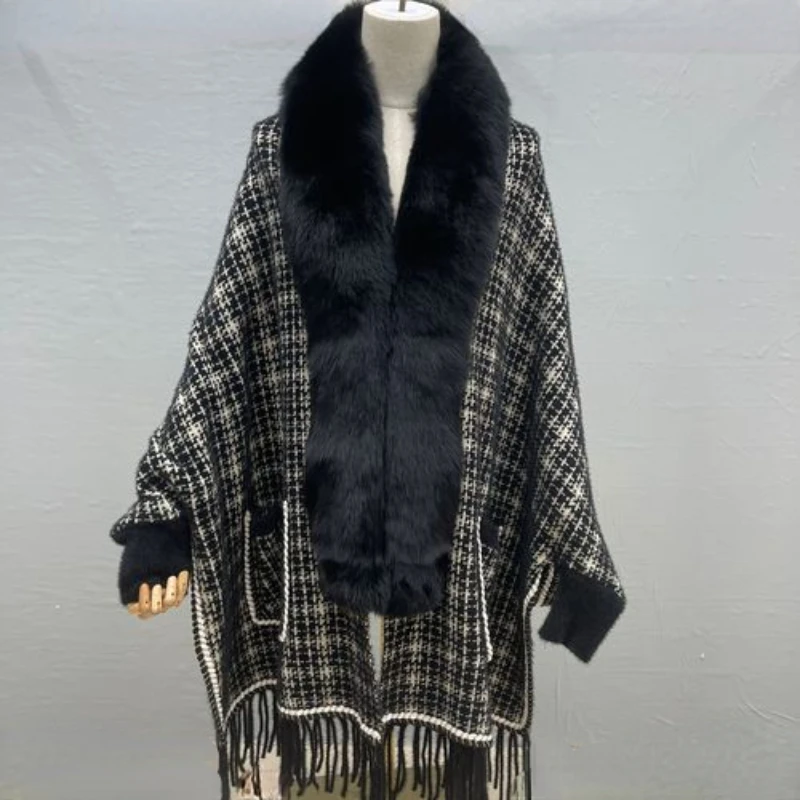 

MENINA BONITA Real Fox Fur Collar Coat Winter Jacket Women Knitted Poncho Long Sleeve Tassel Scarf Vintage Cardigan Oversize