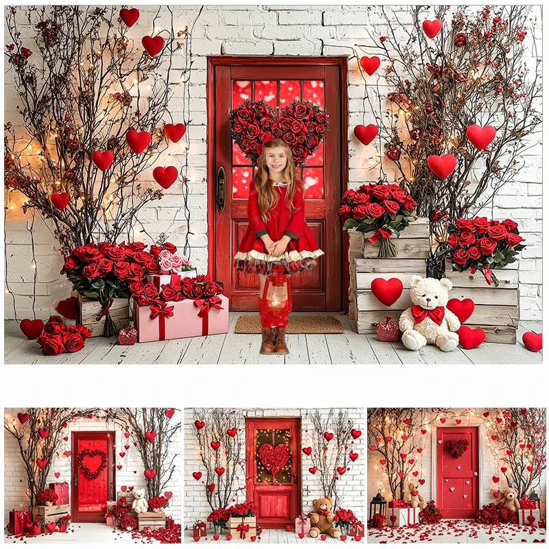 

Valentine's Day Photography Background Love Bear Red Wooden Door Decor Romantic Confession Wedding Adult Portrait Photo Backdrop