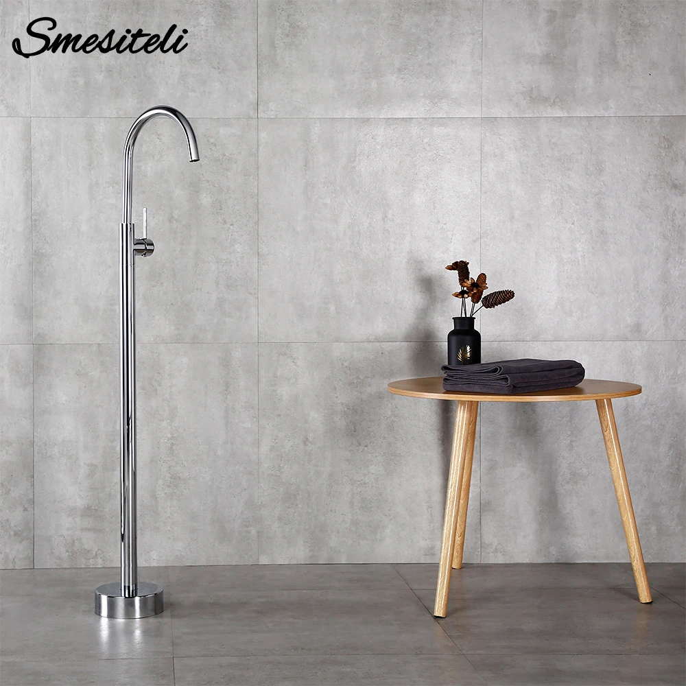 Polished Chrome Freestanding Bathtub Faucet Hot And Cold Brass Bathroom Mixer Floor Stand Mounted Single Handle Tap