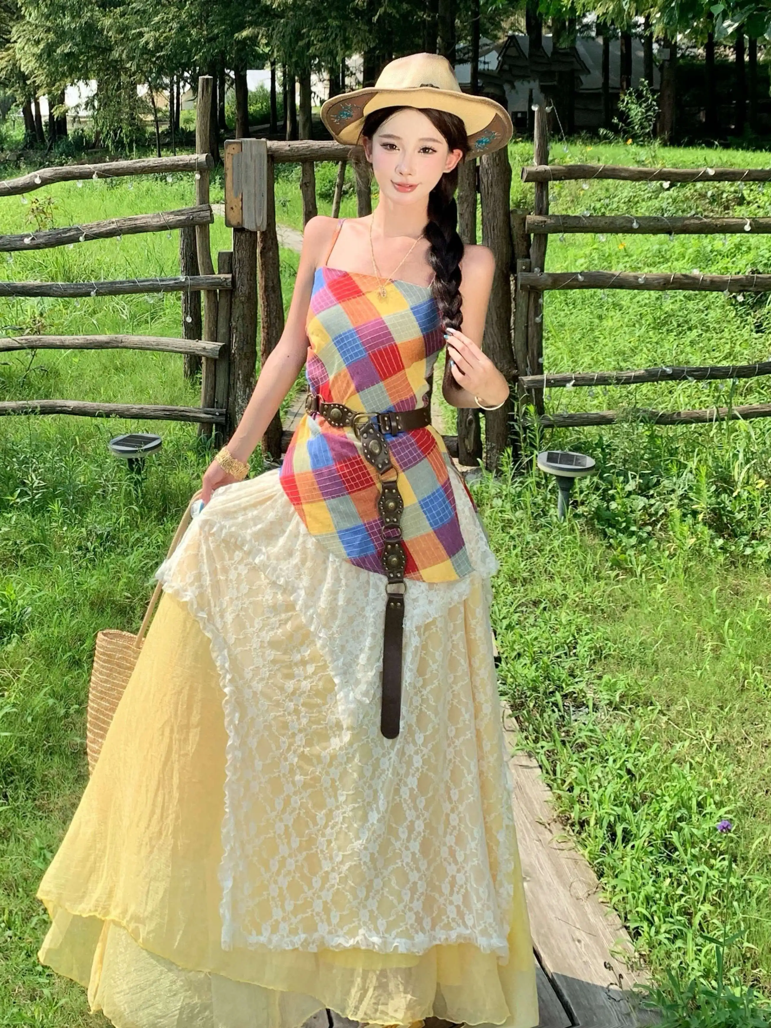 

Travel Outfit Dopaamine Yellow Plaid Strap Top Layering Lace Yellow Half Skirt Three Piece Set Women Summer Polyester