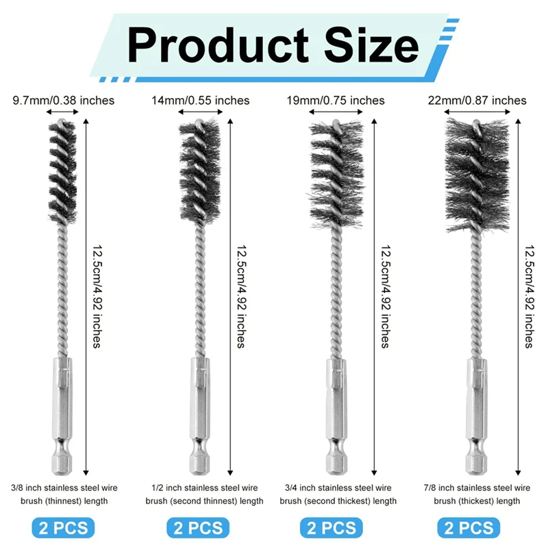 AT05-8Pcs Bore Brush, Stainless Steel Wire Brush Drill Attachments With 1/4 Inch Hex Shank Twisted Wire Cleaning Tools