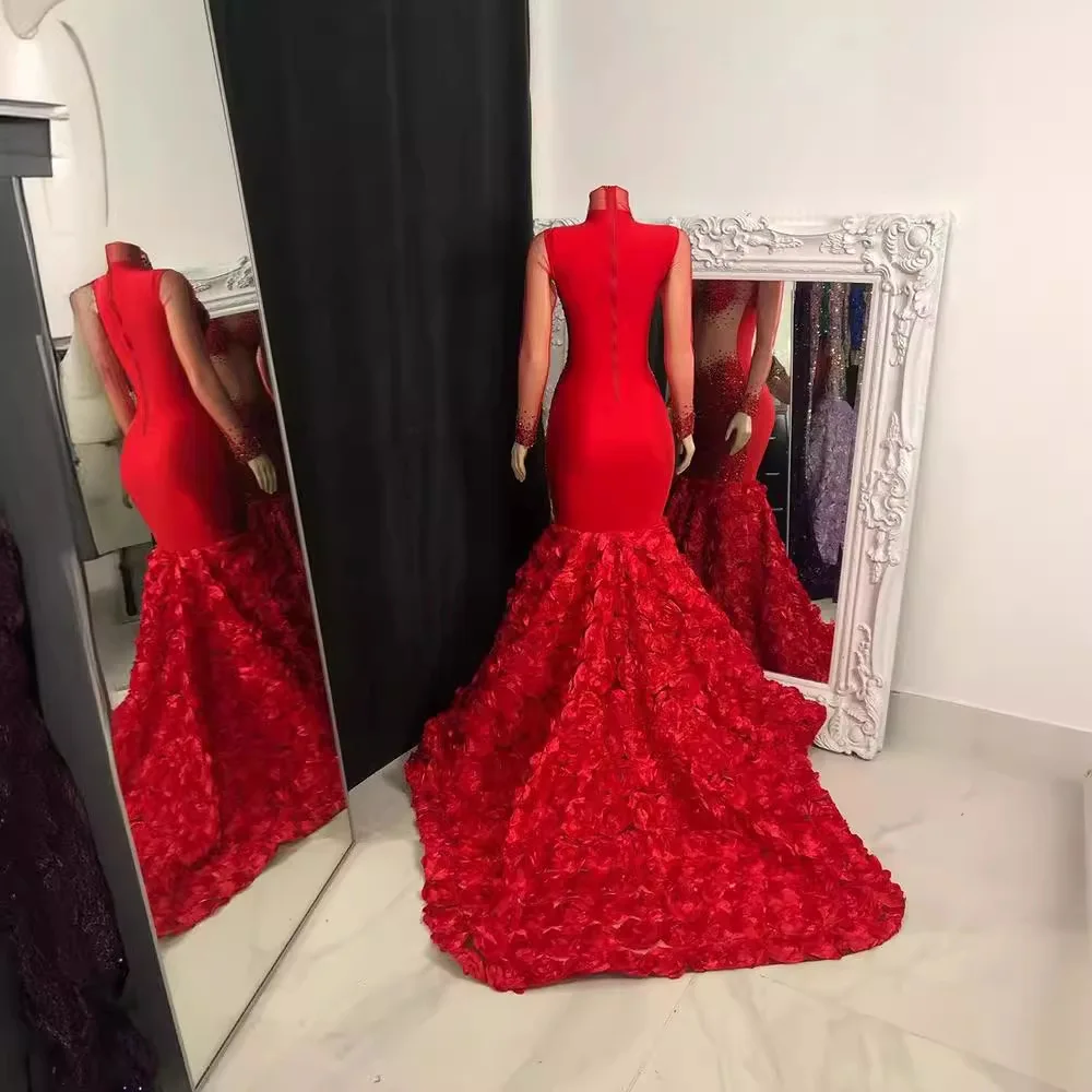 زي أحمر لامع وردة ماسية تنورة سليم صالح مثير حورية البحر خط كم طويل شفاف فستان سهرة Vestidos De Fiesta De Lujo