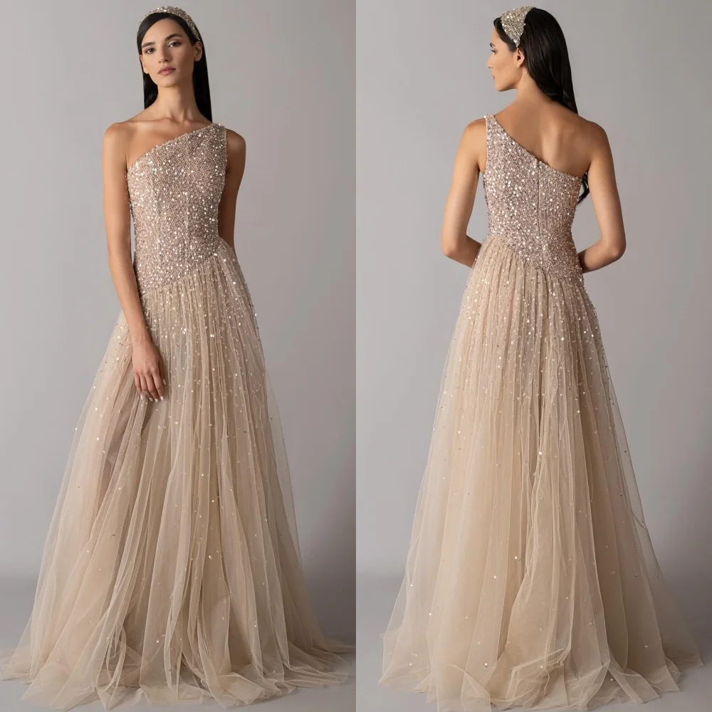 

Customized High Quality Classic Tulle Sequined Beading A-line One-shoulder Long Dresses Bespoke Occasion Dresses Modern Style