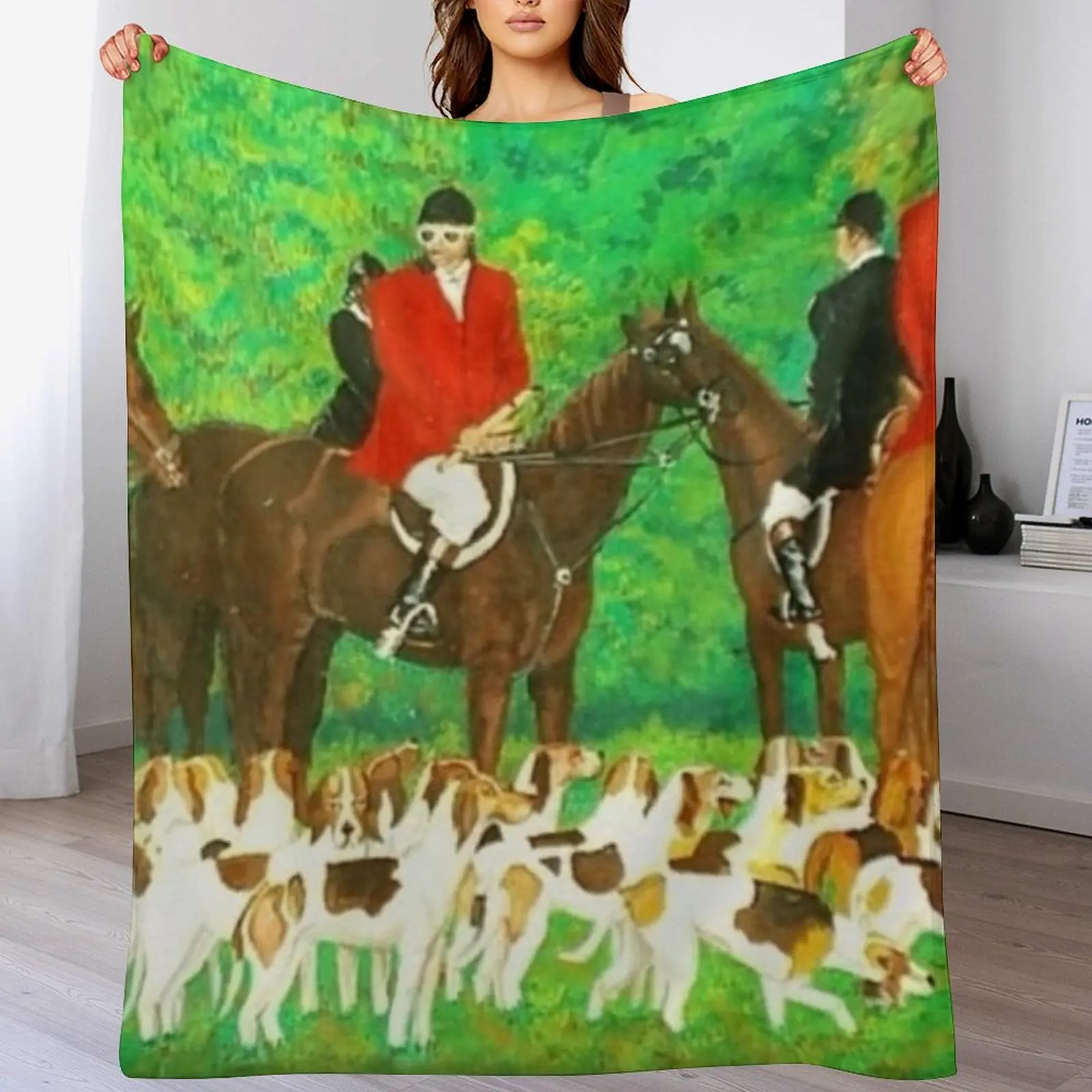

Foxhound Dogs and Horsemen Throw Blanket Wrinkle Resistant Lightweight Blanket