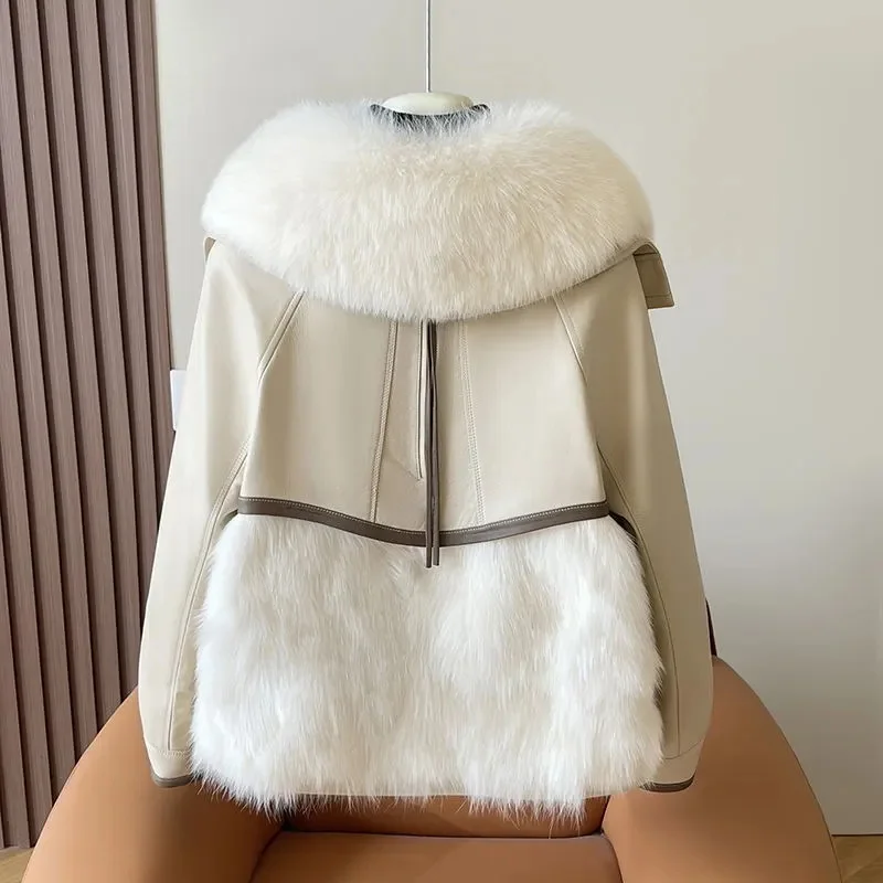 2025Autumn/Winter New Fur Outcoat Women Off White Temperament Flip Collar Fur Coat Fashion Add Thickened Fur One Piece Girl Top