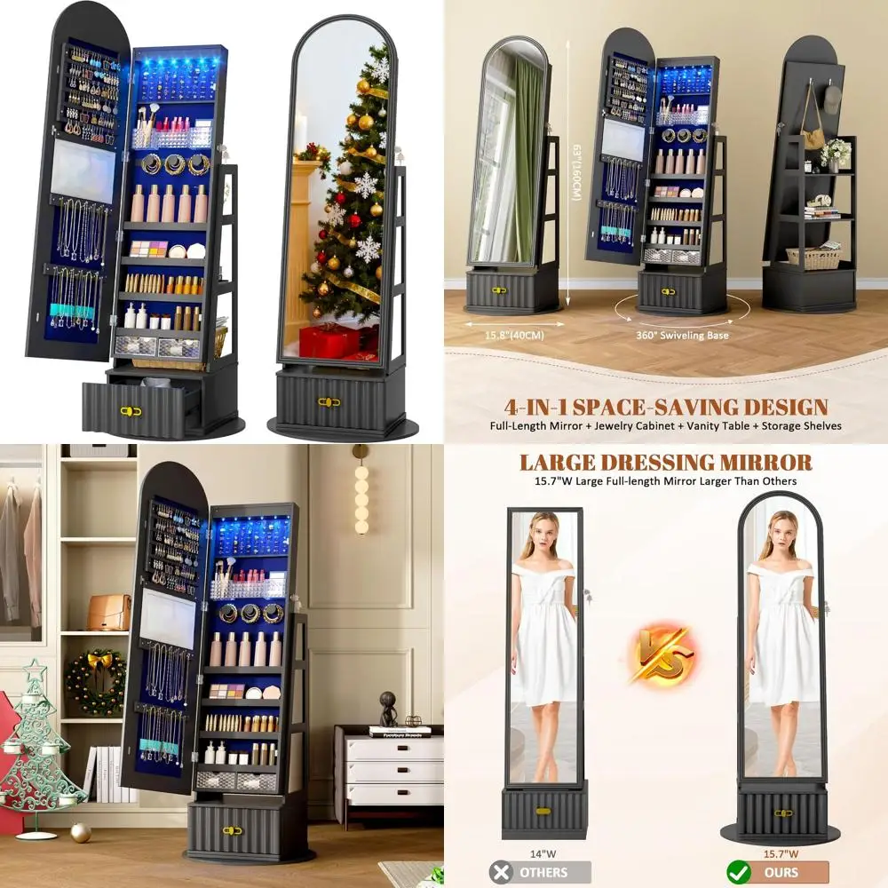 

63 Standing Jewelry Cabinet with Full-Length Mirror and Storage, Rotating Organizer with Lockable Velvet-Lined Armoires for Wome