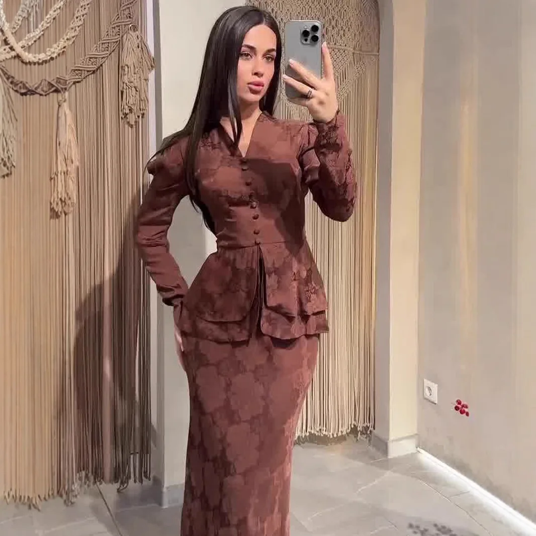 الخامس الرقبة زر الجبهة كشكش تنحنح كم طويل بلوزة عالية الخصر ضئيلة ميدي تنورة قطعتين مجموعة المرأة فستان ريترو الزي الرسمي #2