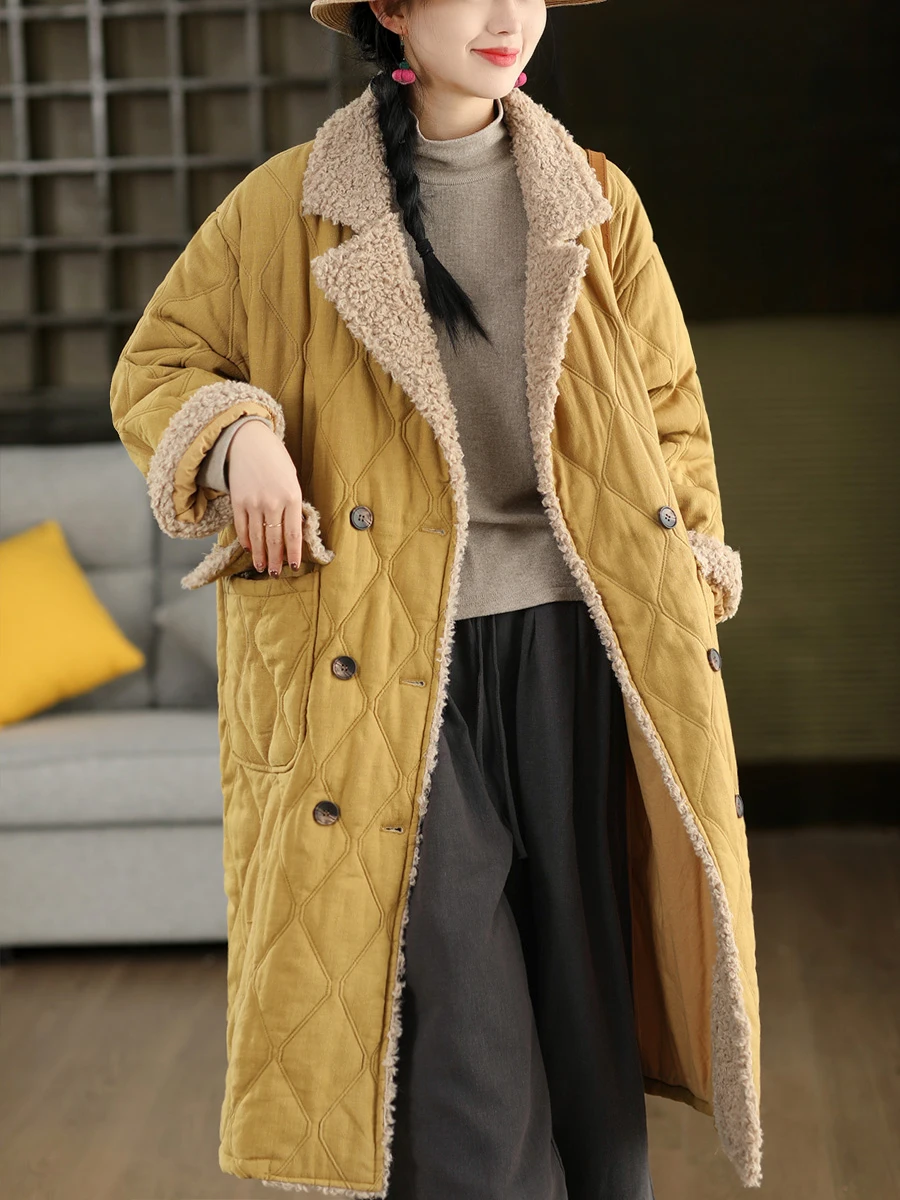 

Women's Winter Thiened Long Cotton Jaet Lamb Fur Collar Retro Hemp Cotton Blend Outerwear Warm Comfortable Cotton Coat