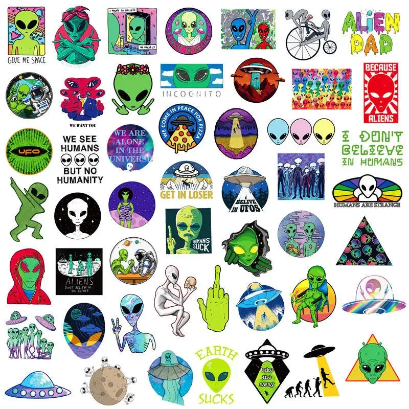 

50PCS Green Alien Stickers for Kids UFO Waterproof Vinyl Stickers for Water Bottles Laptop Luggage Car Phone Skateboard Decals