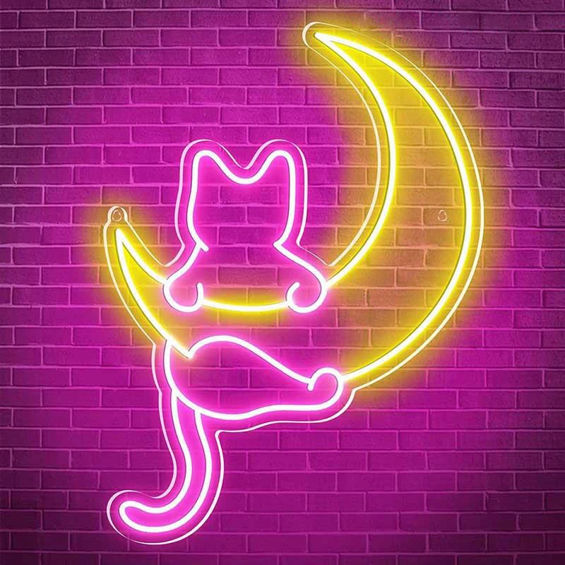 

Moon Cat Pink Yellow Neon Sign Custom Fun LED Light Gift For Kids Girlfriend Cute Lovely Bedroom Wall Decor Light Kitten Cafe