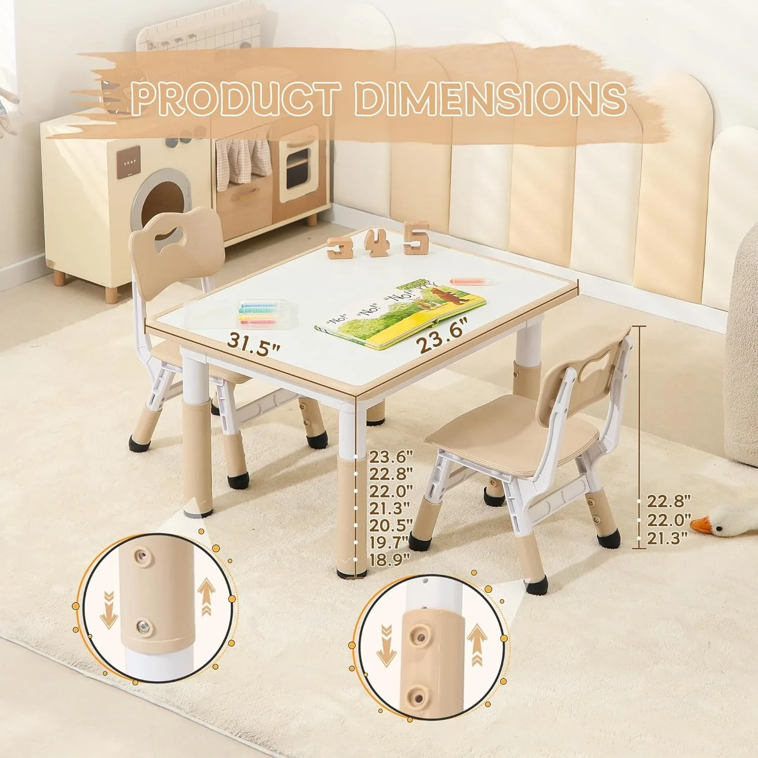 Adjustable Toddler Table and Chairs, Graffiti Desktop Kids Study Table with Anti-Slip Foot Covers