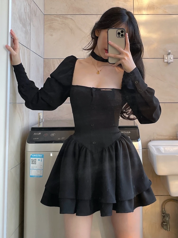 Preto vintage 3 peça conjunto de saia feminina sexy lolita y2k mini saia terno feminino casual coreano moda manga longa retro conjunto 2023