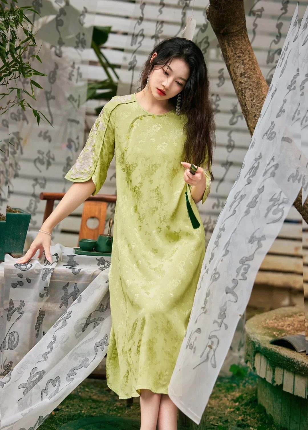 

High-end Spring Summer Women Rayon Dress Retro Elegant Embroidery 3/4 Sleeve A-line Lady Party Hanfu Dress M-XXL