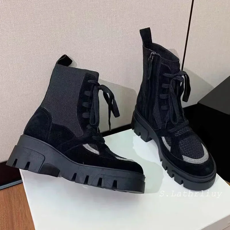Autumn Winter Thick Bottom Lace Up Riding Boots Women Round Toe String Bead Platform Ankle Boots Knitted Stretch Short Botas