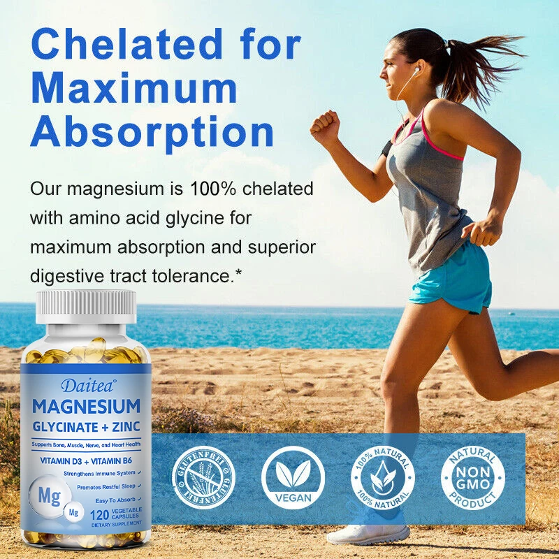 Daitea Magnesium and Zinc Capsules - Magnesium Glycinate Supplement to Support Muscle, Nerve, Joint and Heart Health