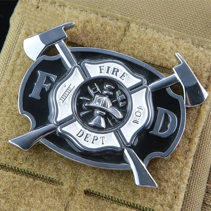 FD Firefighter Metal Morale Emblem FIRE DEPT 3D Hook and Loop Patches Tactical Backpack Decorative Sticker