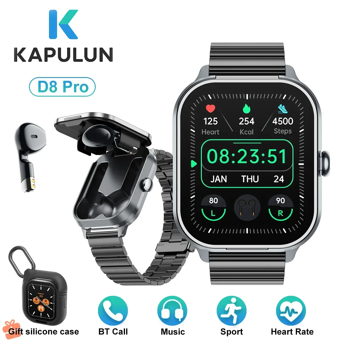 

KAPULUN D8Pro 2,01-дюймовый HD-экран TWS Bluetooth наушники мультиспортивные Bluetooth-вызовы сердечного ритма музыкальные умные часы для мужчин женщин