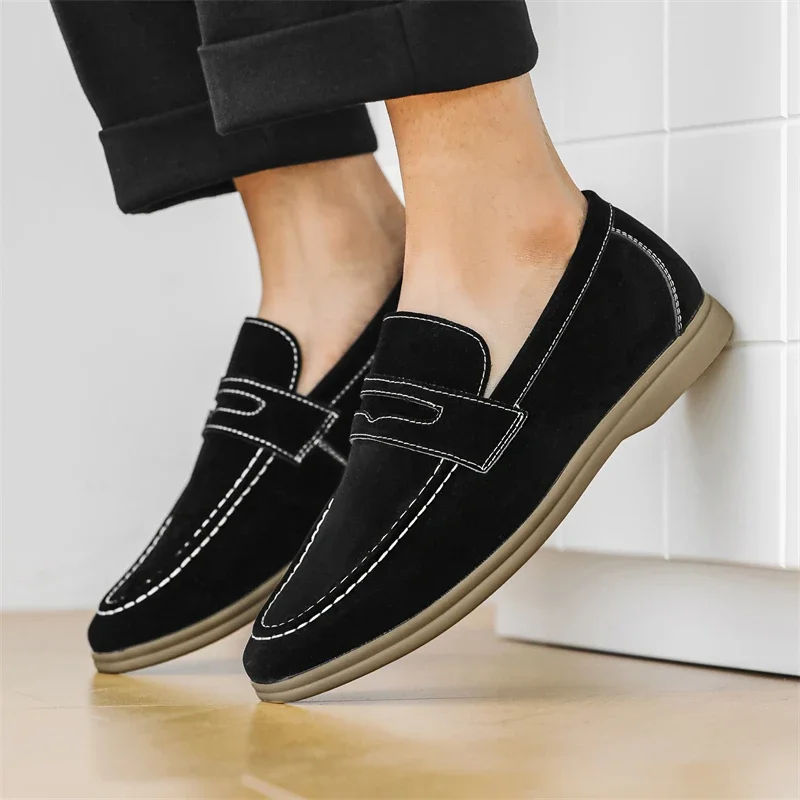 Men's Classic British Style Penny Loafers Moccasins Men Casual Slip-on Shoes Suede Leather Mens Light Comfortable Driving Flats