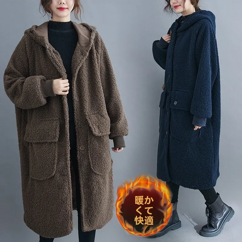 

Thiened Lamb Fur Coat Large Size Women's Autumn Winter Artistic Vintage Loose Hooded Cotton Jaet Warm Medium Length Outer...