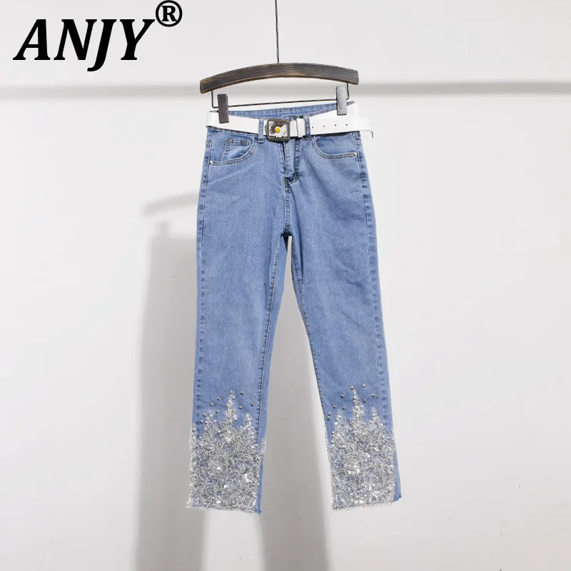 กางเกงยีนส์ ANJY รุ่นใหม่ประจำฤดูใบไม้ผลิ/ฤดูใบไม้ร่วง ปี 2025 สำหรับผู้หญิง ปักลาย แต่งผ้าต่อกัน ทรงสลิมฟิต สวยสง่า สไตล์ลำลอง ความยาวระดับข้อเท้า รุ่น A15601