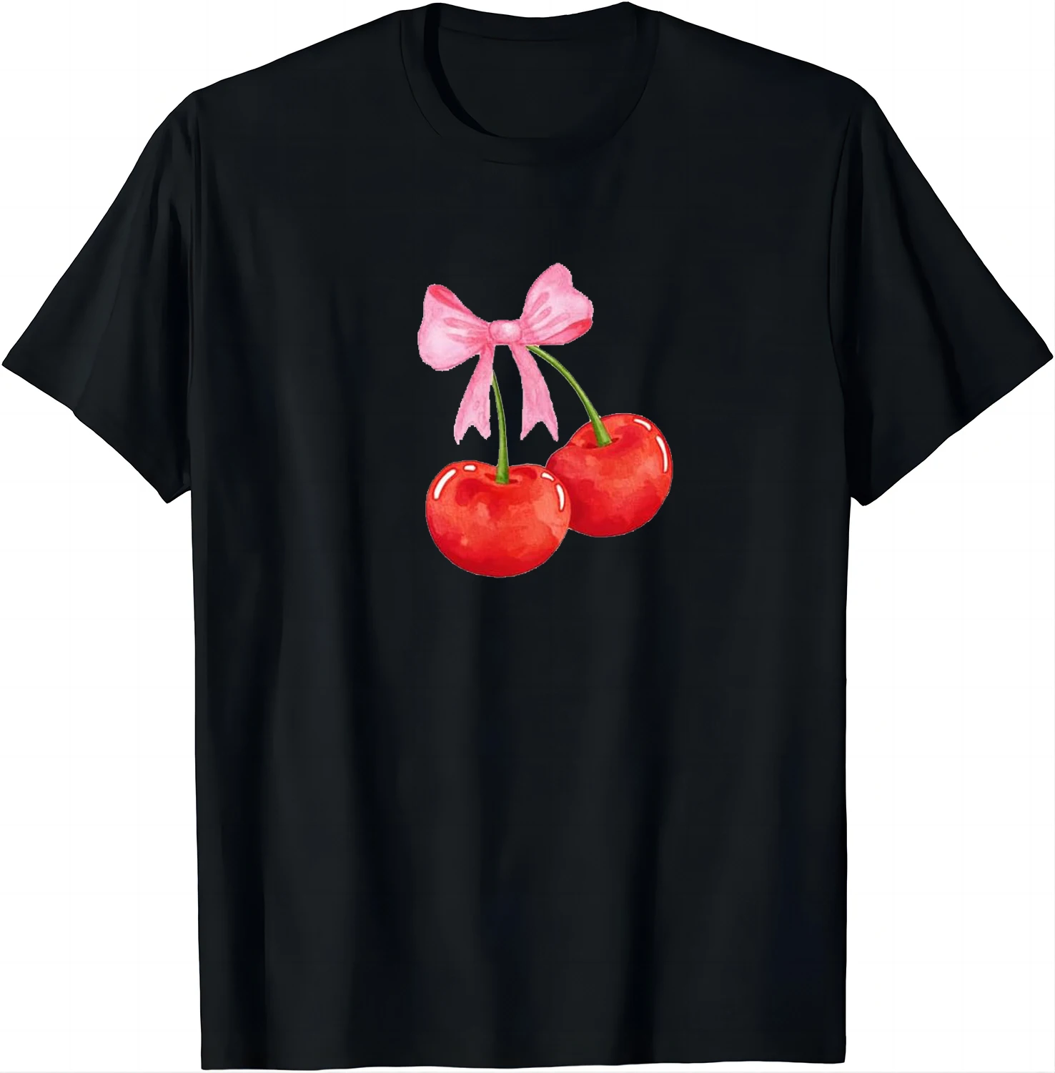 Sweetheart Tee Red Cherries & Delicate Bow Perfect for Summer T Shirt Unisex Summer Soft Tops Graphic T Shirts Ropa Mujer